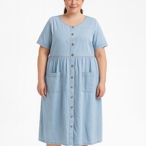 Vintage Modest Short Sleeve Denim Jean Light Blue Button-Front Midi Dress